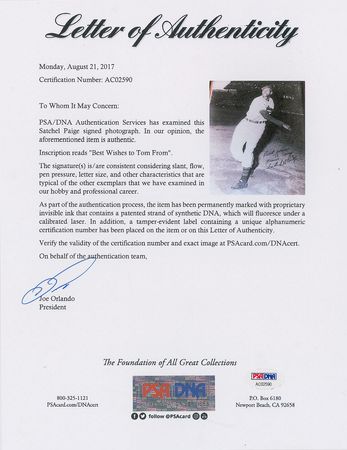 Lot #834 Satchel Paige Signed Photograph - Image 2