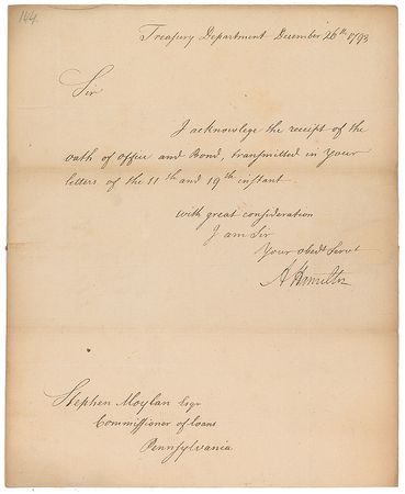 Lot #241 Alexander Hamilton: Hamilton welcomes Washington's former aide-de-camp to service in the Treasury Department - Image 1