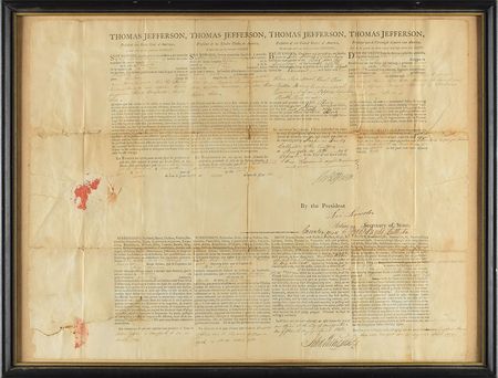 Lot #136 Thomas Jefferson and Levi Lincoln: Magnificent 1801 ship's pass signed by President Jefferson and the elusive Levi Lincoln - Image 1