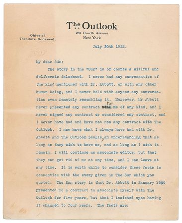 Lot #155 Theodore Roosevelt: Roosevelt refutes claims made by The Sun and those 