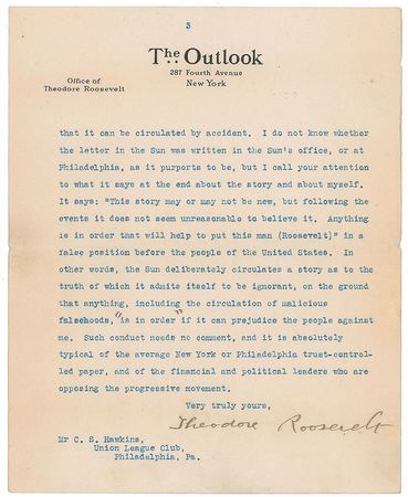 Lot #155 Theodore Roosevelt: Roosevelt refutes claims made by The Sun and those 