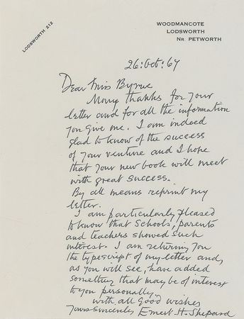 Lot #532 Ernest Shepard: ?In 1924 I illustrated A. A. Milne?s ?When We Were Very Young? and 2 years later ?Winnie the Pooh?? - Image 1