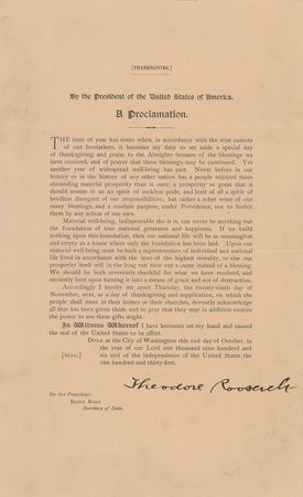 Lot #154 Theodore Roosevelt: President Roosevelt's 1906 Thanksgiving proclamation - Image 1