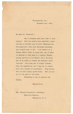 Lot #154 Theodore Roosevelt: President Roosevelt's 1906 Thanksgiving proclamation - Image 2