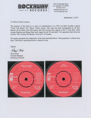 Lot #5013  Beatles Signed 'Twist and Shout' / 'Boys' Swedish 45 RPM Record - Image 3