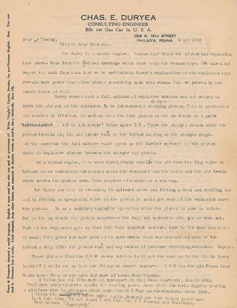 Lot #168 Charles E. Duryea: The 'father of the automobile' describes a Morey vacuum engine - Image 1