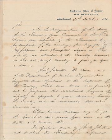 Lot #139 Judah P. Benjamin: The Confederate Secretary of War to General Van Dorn on 
