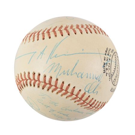 Lot #905 Muhammad Ali and Wilt Chamberlain: Muhammad Ali, Wilt Chamberlain, and Louis Armstrong highlight a unique early 1970s celebrity baseball - Image 1