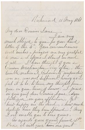 Lot #320 Robert E. Lee: Writing in 1861 of the ?terrible national calamity impending over us,? Lee reflects: ?Yet how happy are the dead, & how much distress have they been spared? - Image 1