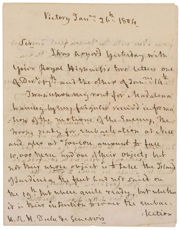 Lot #345 Horatio Nelson: Blockading Napoleon?s fleet on the HMS Victory, Lord Nelson writes ?with confidence that we shall be able to foil the cunning of the Corsican Tyrant? - Image 1