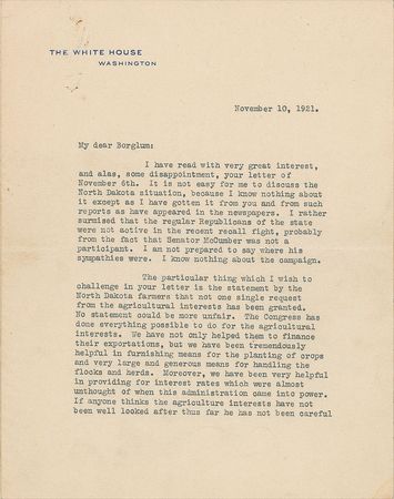 Lot #63 Warren G. Harding: President Harding responds to the future designer of Mount Rushmore - Image 1