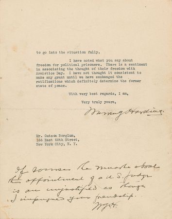 Lot #63 Warren G. Harding: President Harding responds to the future designer of Mount Rushmore - Image 2