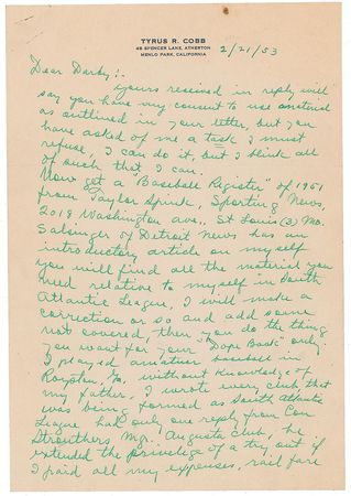 Lot #896 Ty Cobb: Cobb describes his amateur career as a 17-year-old, praises pitching great Walter Johnson?