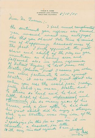 Lot #896 Ty Cobb: Cobb describes his amateur career as a 17-year-old, praises pitching great Walter Johnson?
