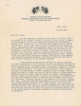 Lot #334 Douglas MacArthur: MacArthur weighs in on birth control and 