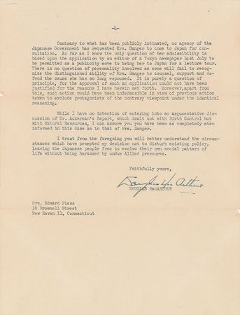 Lot #334 Douglas MacArthur: MacArthur weighs in on birth control and 
