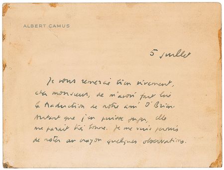 Lot #485 Albert Camus Handwritten Letter Signed - Image 1