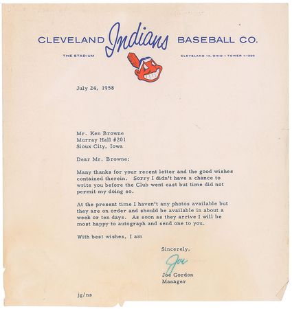 Lot #923 Joe Gordon Signed Photograph and Typed Letter Signed - Image 2