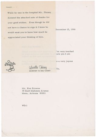 Lot #468 Walt Disney: Three days before his passing, Disney dictates 