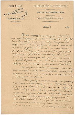 Lot #454 Nadar Handwritten Letter Signed - Image 1