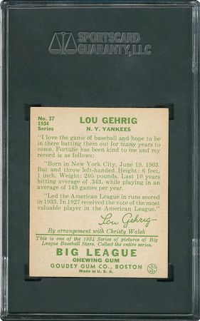 Lot #8036  1934 Goudey #37 Lou Gehrig - SGC EX/NM+ 6.5 - Image 3