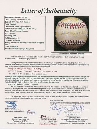 Lot #8241  1946 New York Yankees Team Signed Baseball with 27 Signatures including DiMaggio and Dickey - Image 7