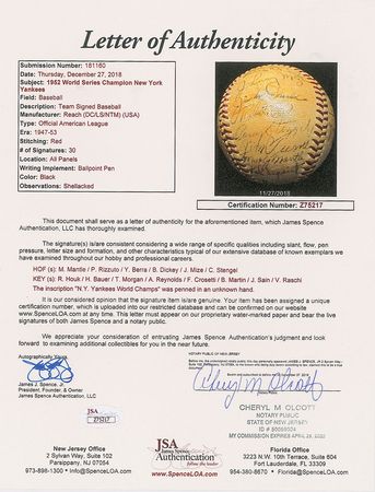 Lot #8245  1952 New York Yankees World Series Champions Team Signed Baseball with Mantle and Stengel - Image 10