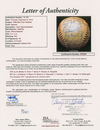 Lot #8249  1954 New York Yankees Team Signed Baseball with Mantle - Image 9