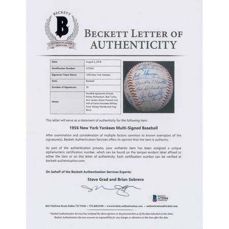 Lot #8251  1956 New York Yankees World Series Champions Team Signed Baseball with 30 Signatures including Mantle! - Image 6