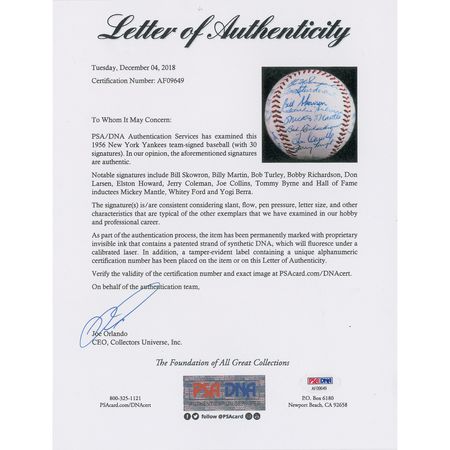 Lot #8251  1956 New York Yankees World Series Champions Team Signed Baseball with 30 Signatures including Mantle! - Image 8