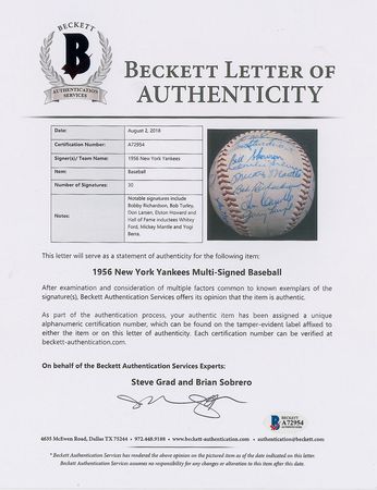 Lot #8251  1956 New York Yankees World Series Champions Team Signed Baseball with 30 Signatures including Mantle! - Image 11