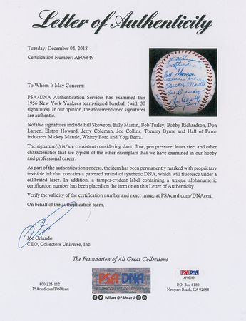 Lot #8251  1956 New York Yankees World Series Champions Team Signed Baseball with 30 Signatures including Mantle! - Image 13