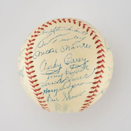 Lot #8252  1957 New York Yankees American League Champions Team Signed Baseball with Mantle - Image 1