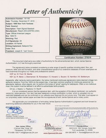 Lot #8253  1965 New York Yankees Team Signed Baseball with Mantle and Maris - Image 7