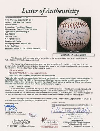 Lot #8255  1967 New York Yankees Team Signed Baseball with Mantle - Image 7
