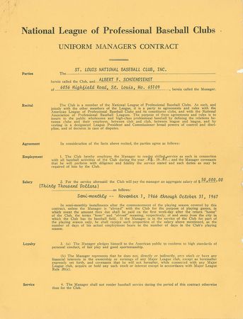 Lot #9090 Red Schoendienst 1967 St. Louis Cardinals Signed Manager's Contract - Image 2