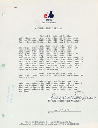 Lot #9115 Dick Williams 1980-81 Montreal Expos Signed Manager's Contract - Image 2