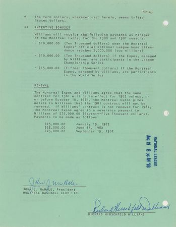 Lot #9115 Dick Williams 1980-81 Montreal Expos Signed Manager's Contract - Image 3