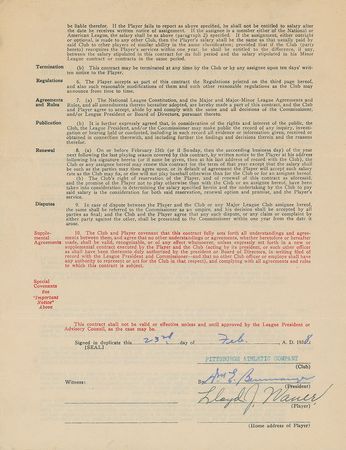 Lot #9031 Lloyd Waner 1938 Pittsburgh Pirates Signed Player Contract - Image 1