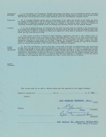 Lot #9078 Leo Durocher 1963 Los Angeles Dodgers Signed Coach's Contract - Image 1