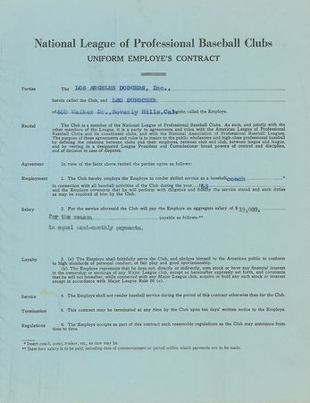 Lot #9078 Leo Durocher 1963 Los Angeles Dodgers Signed Coach's Contract - Image 2