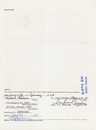 Lot #9070 Bob Gibson 1958 and 1975 Cardinals Signed Player Contracts (2x) - First and Last Seasons! - Image 1