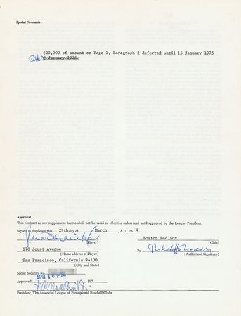 Lot #9103 Juan Marichal 1974 Boston Red Sox Signed Player Contract - Image 1
