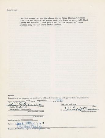 Lot #9096 Luis Aparicio 1972 Boston Red Sox Signed Player Contract - Image 1