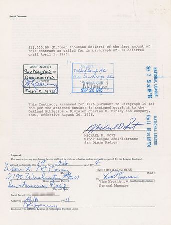 Lot #9105 Willie McCovey 1975 San Diego Padres Signed Player Contract - Image 1