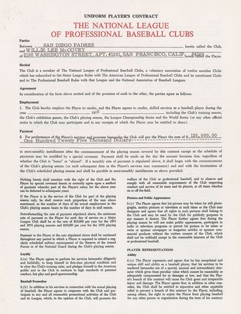 Lot #9105 Willie McCovey 1975 San Diego Padres Signed Player Contract - Image 2