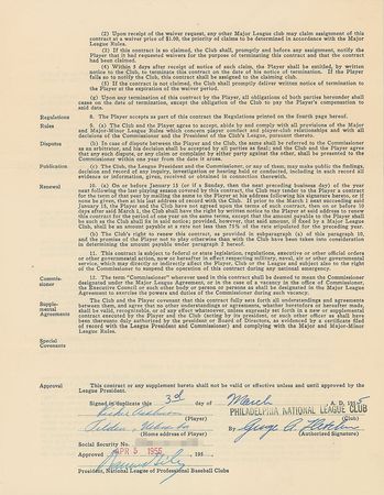 Lot #9063 Richie Ashburn 1955 Philadelphia Phillies Signed Player Contract (NL Batting Champion) - Image 1