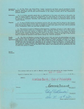 Lot #9035 Chief Bender 1944 Philadelphia Athletics Signed Scout's Contract - Image 1