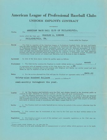 Lot #9035 Chief Bender 1944 Philadelphia Athletics Signed Scout's Contract - Image 2