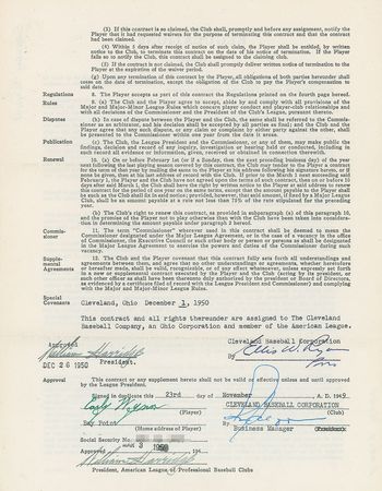 Lot #9053 Early Wynn 1950 Cleveland Indians Signed Player Contract - Image 1